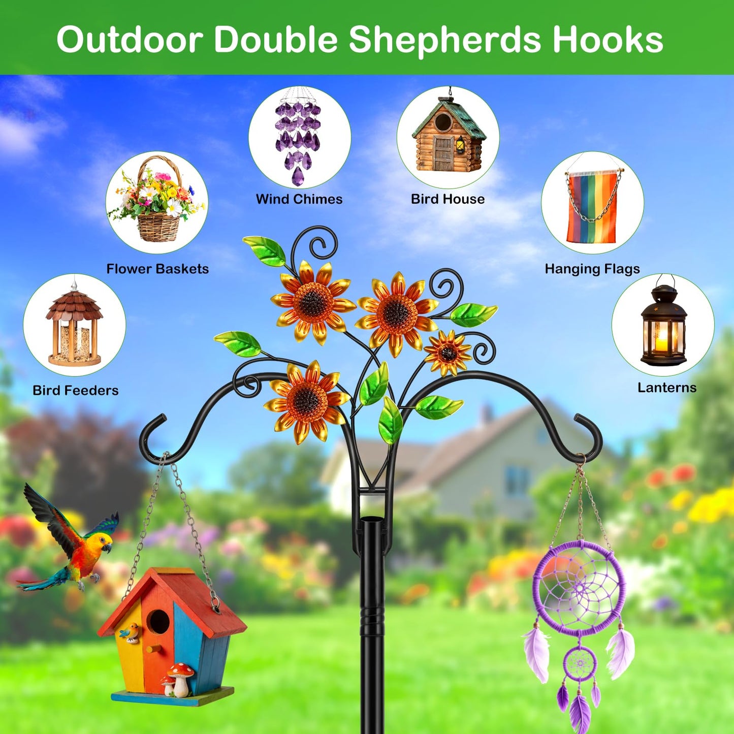 Double Shepherds Hooks for Outdoor, 1 Pack 78 Inch Bird Feeder Pole with 5 Prongs Base, Adjustable Heavy Duty Plant Hangers Sunflower Art for Outdoor Plants Hummingbird Feeder Hanging Basket Lantern