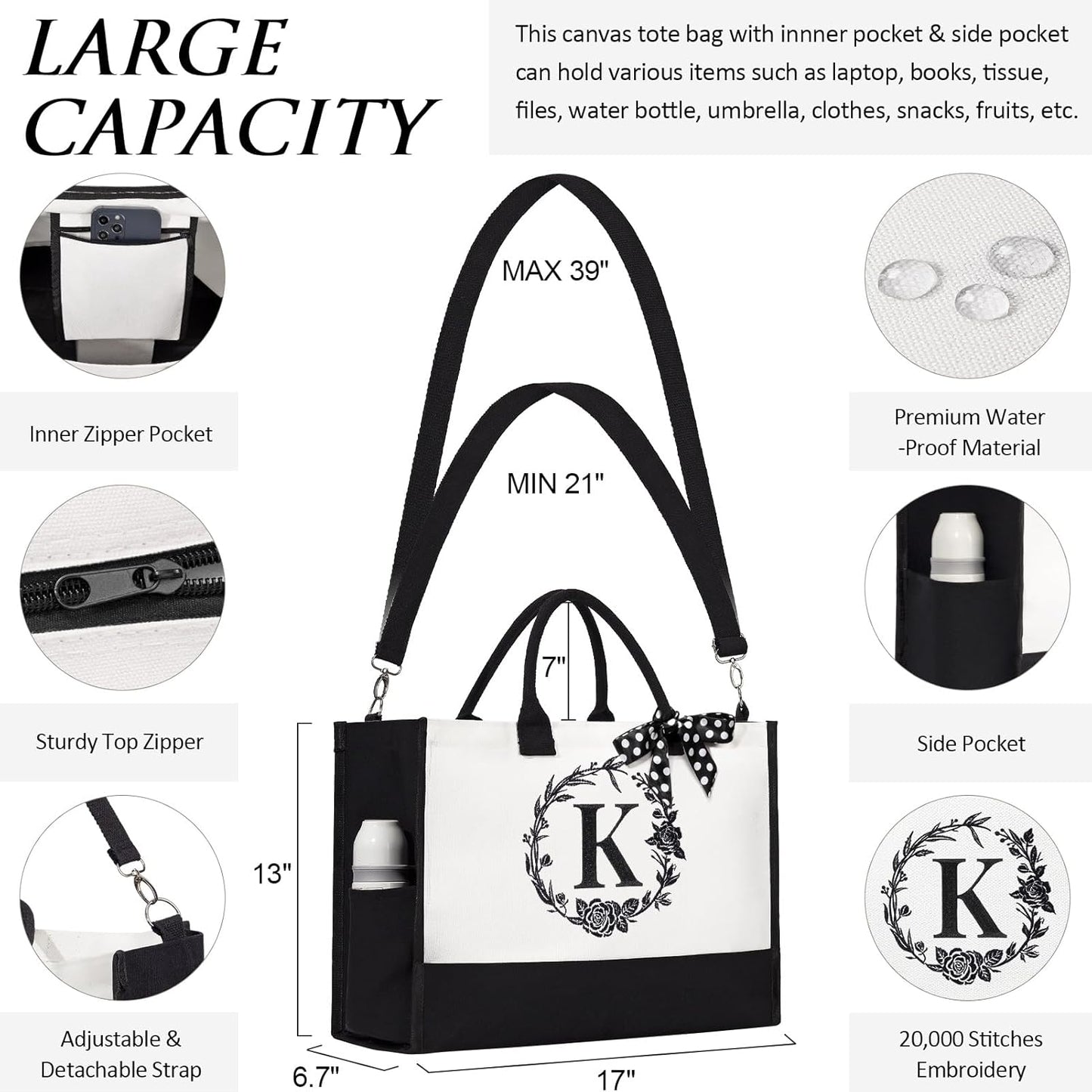 Personalized Mothers Day Gifts for Mom Women, Initial Canvas Tote Bag & Makeup Bag Monogrammed Beach Tote Bag for Women w/Zipper, Birthday Gifts for Her Sister Friend Girlfriend Wife Daughter Teacher