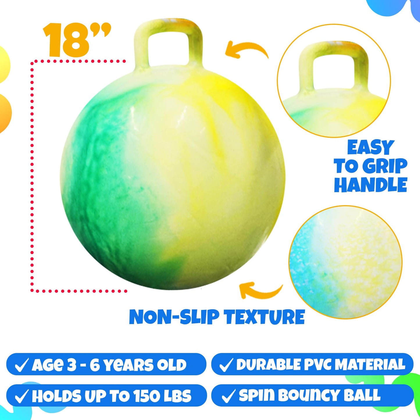 Bedwina Hopper Ball with Handle for Kids 18-inch (45cm) Bouncy Balls for Kids, Jumping Kangaroo Hippity Hop, Hopping Sit and Spin with Handle with Hand Pump, Marble Green & Yellow
