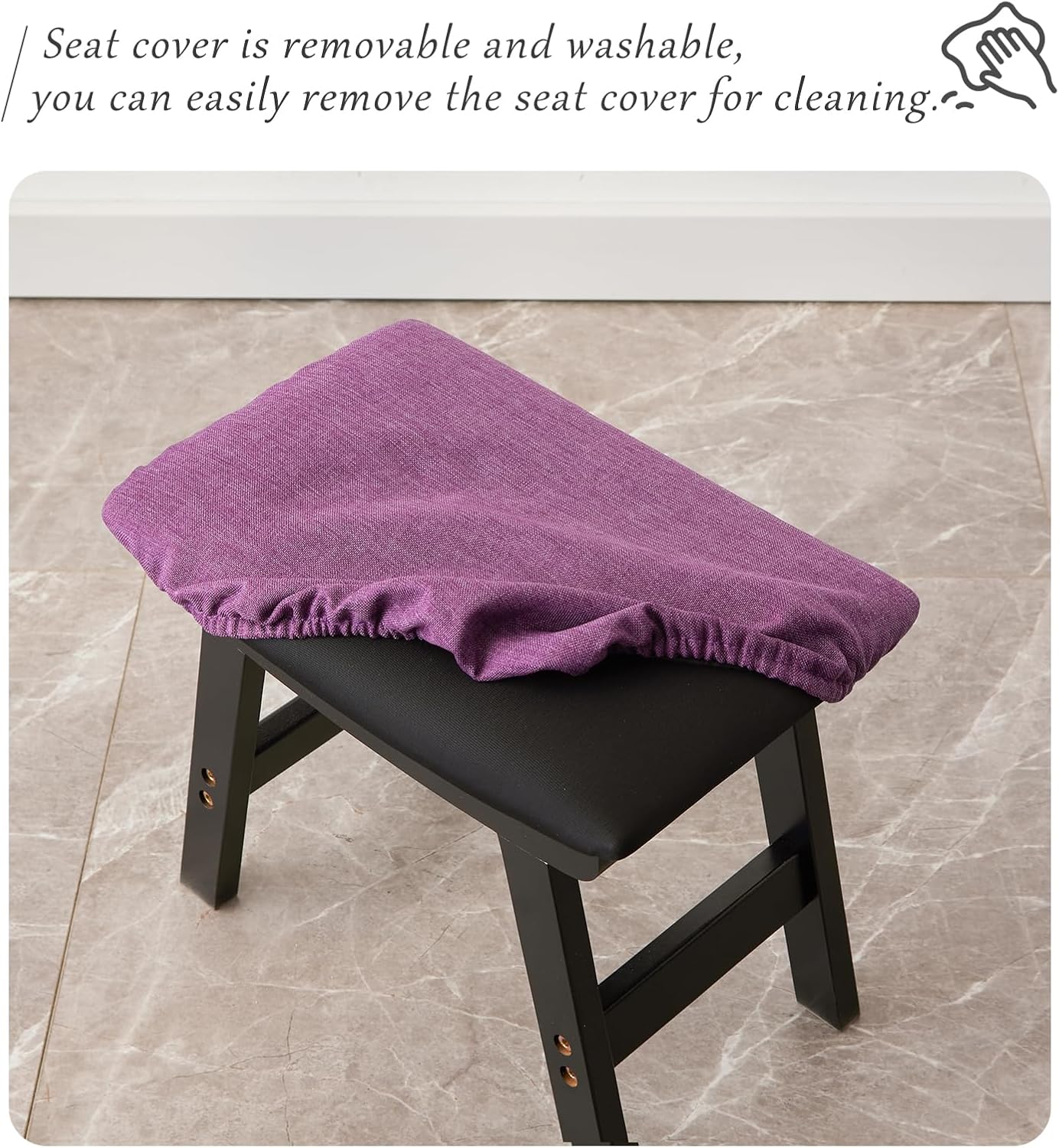 Foot Stool,Ottoman,Bamboo Small Sofa Foot Rest Under Desk,Extra Seating for Living Room, Bedroom and Kitchen (Black Stool Legs - Purple Surface)
