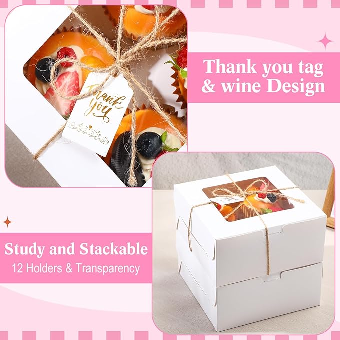 36 Pack Cupcake Boxes Hold 4 Count Christmas Disposable Cupcake Containers with Window and Cake Carrier with Thanks Card and Jute Rope to Muffins Cupcakes Cookies Gift Wrapping (White)