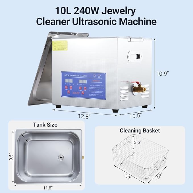 10L Professional Ultrasonic Cleaner Commercial | 40kHz with Digital Timer & Heater | for Jewelry, Watches, Eyeglasses & Small Parts Cleaning