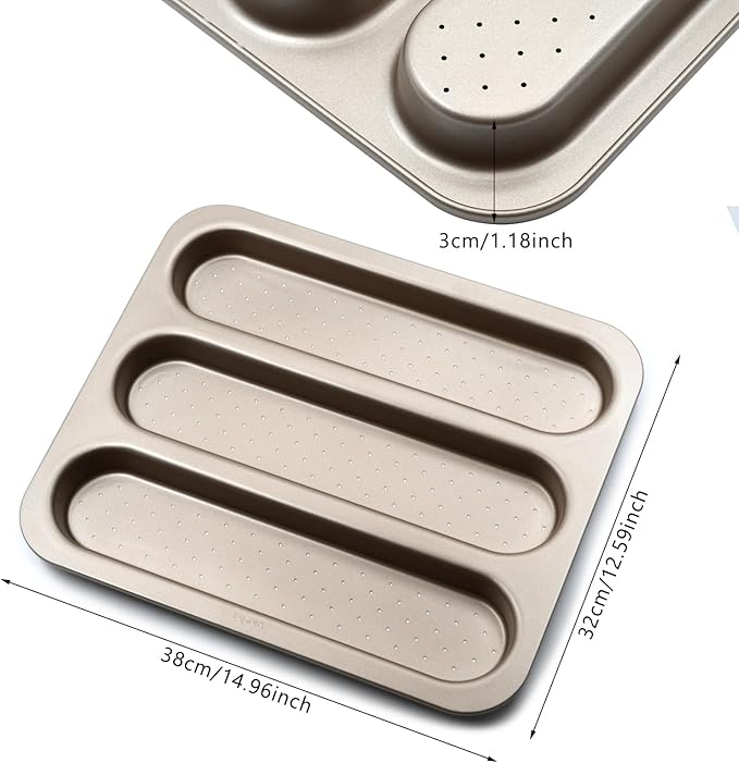 Durable Carbon Steel Baguette Baking Molds, Nonstick French Bread Pan with Rectangular Slots, Specialty 3-Cavity Baguette Mold - Essential Kitchen Tool for Home Bakers (Baguette mold)