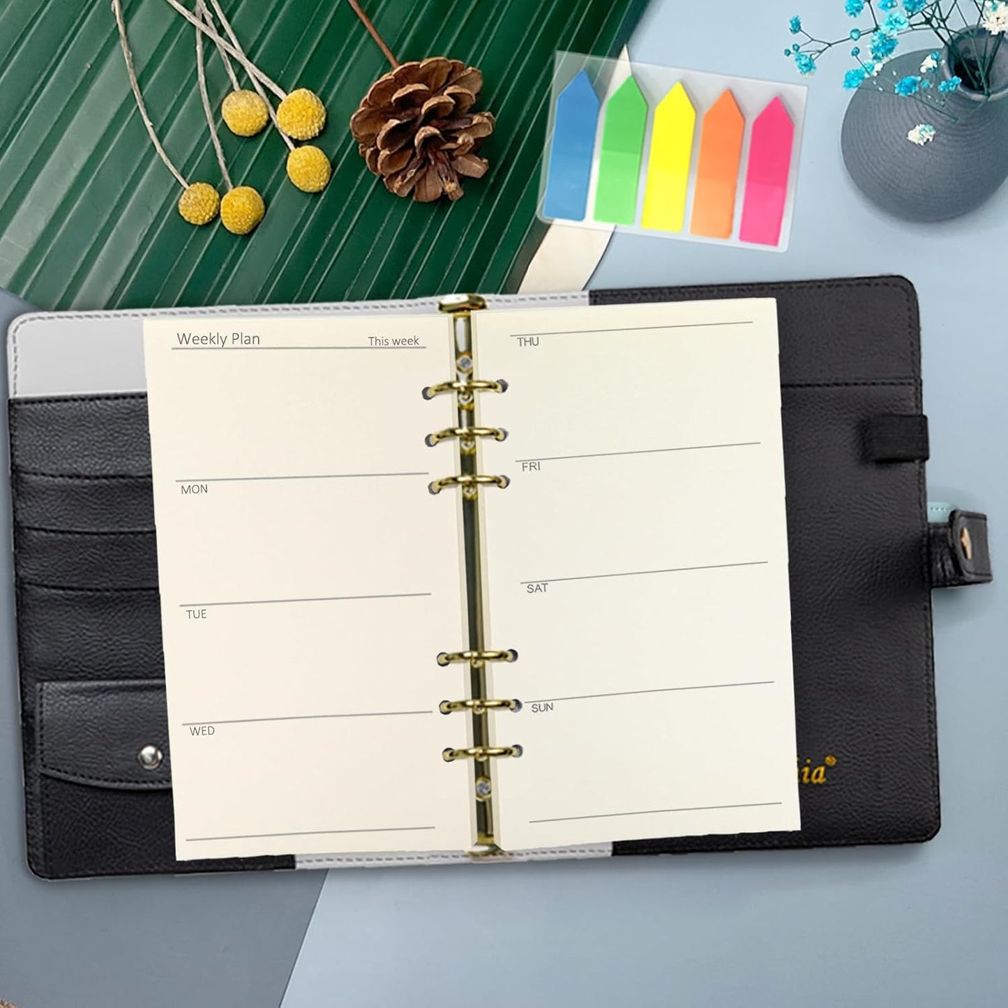 Harphia A6 6 Holes Binder Refill Set, 90Sheets Weekly Planner Insert, 5 Sheets Divider Paper, Today ruler With Inch, Translucent Zipper Bag, Pvc Card Bag, 200Pcs Colorful Index Stickers 005Da6Week