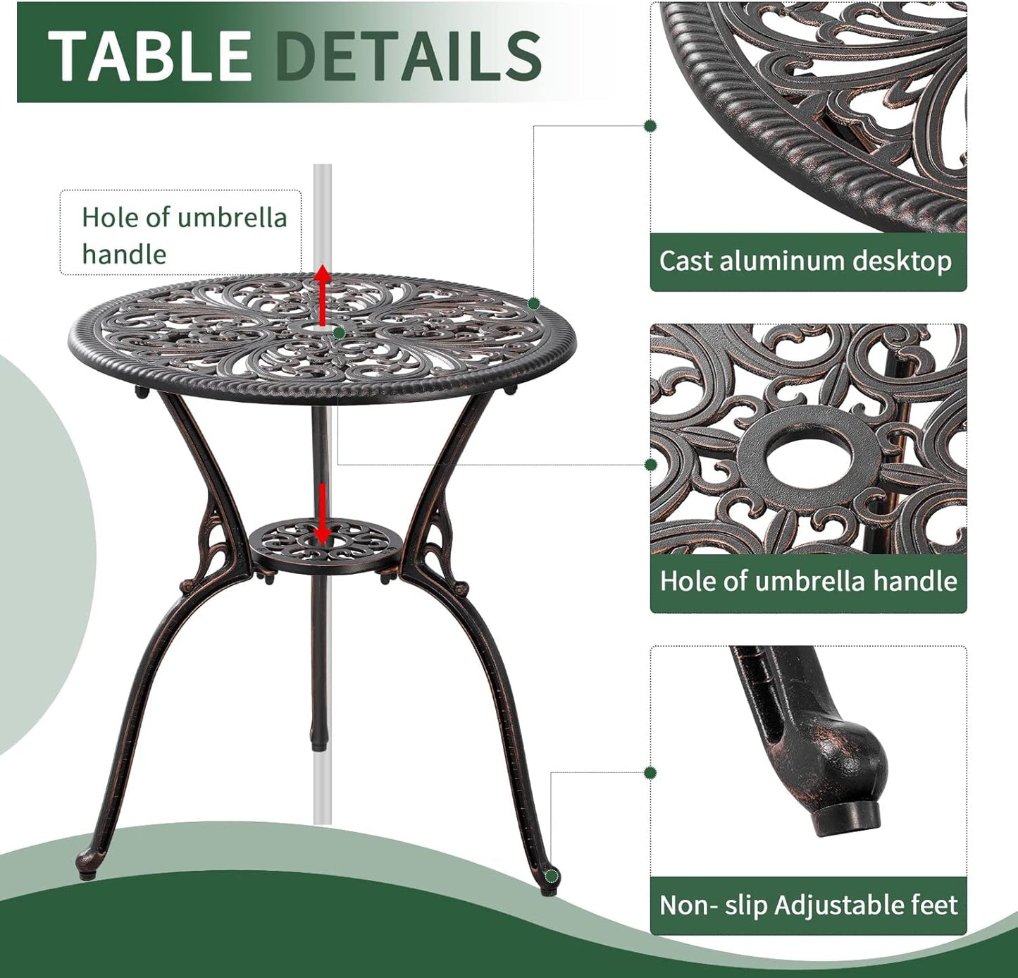 Outdoor Bistro Set 3 Piece Patio Bistro Set with Umbrella Hole, Weather Resistant Bistro Table and Chairs Set of 2 for Porch Garden, Bronze