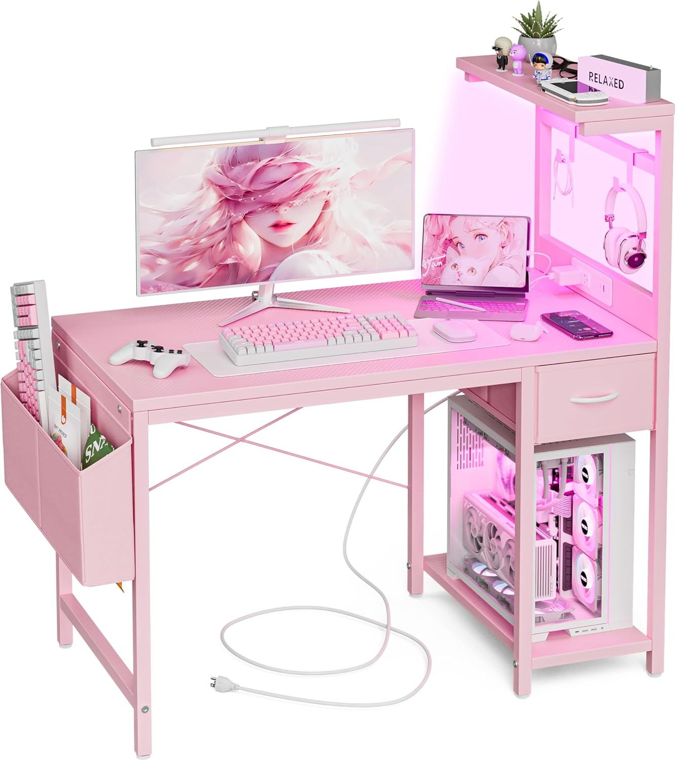 Gaming Desk 47 Inch with Power Outlet and LED Light, Computer Desk with Reversible Shelves and Storage Drawer, Pc Small Workstation for Home Office Table with Bag, Carbon Fiber Pink