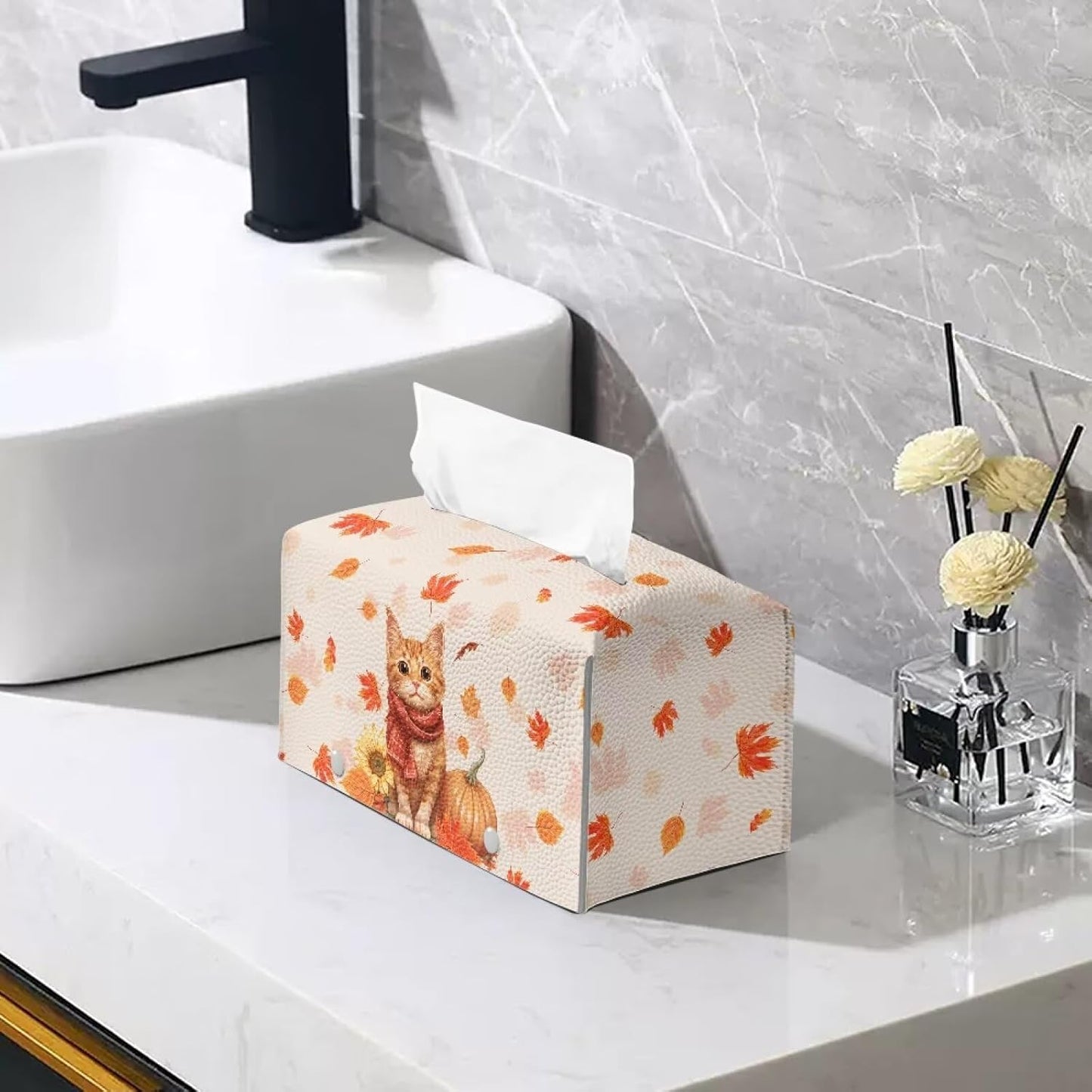 Fall Leather Tissue Box Cover Cute Cat Sunflower Pumpkin Tissue Box Covers Cube Tissue Box Holder Rectangular for Bathroom Home Decorations for Dining Room