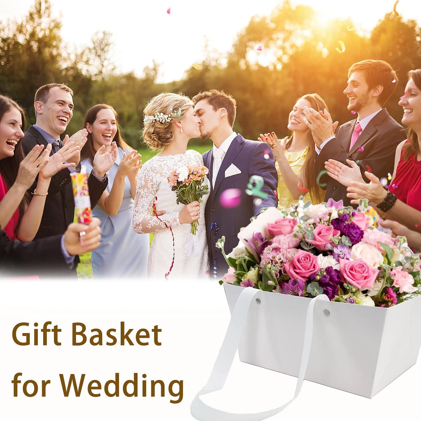 Baskets For Gifts Empty, 5 PCS White Gift Bags With Handles DIY Kit, Gift Basket Empty To Fill Bulk For Party Favors Wedding Birthday Christmas Halloween Holiday Thank You Get Well Soon