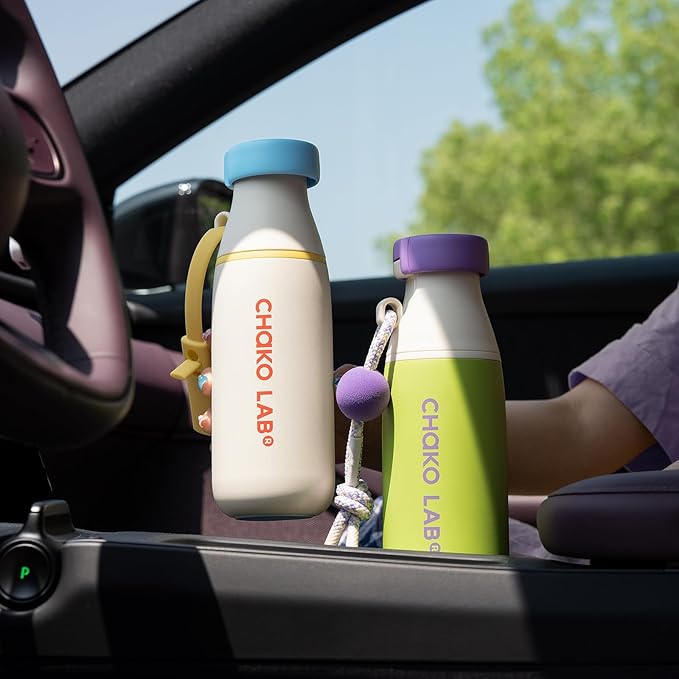 CHAKO LAB Insulated Stainless Steel Water Bottle with Two Strap | BPA-Free Leak Proof | 17oz Bottle with Spout Lid & Straw | Mint Milk