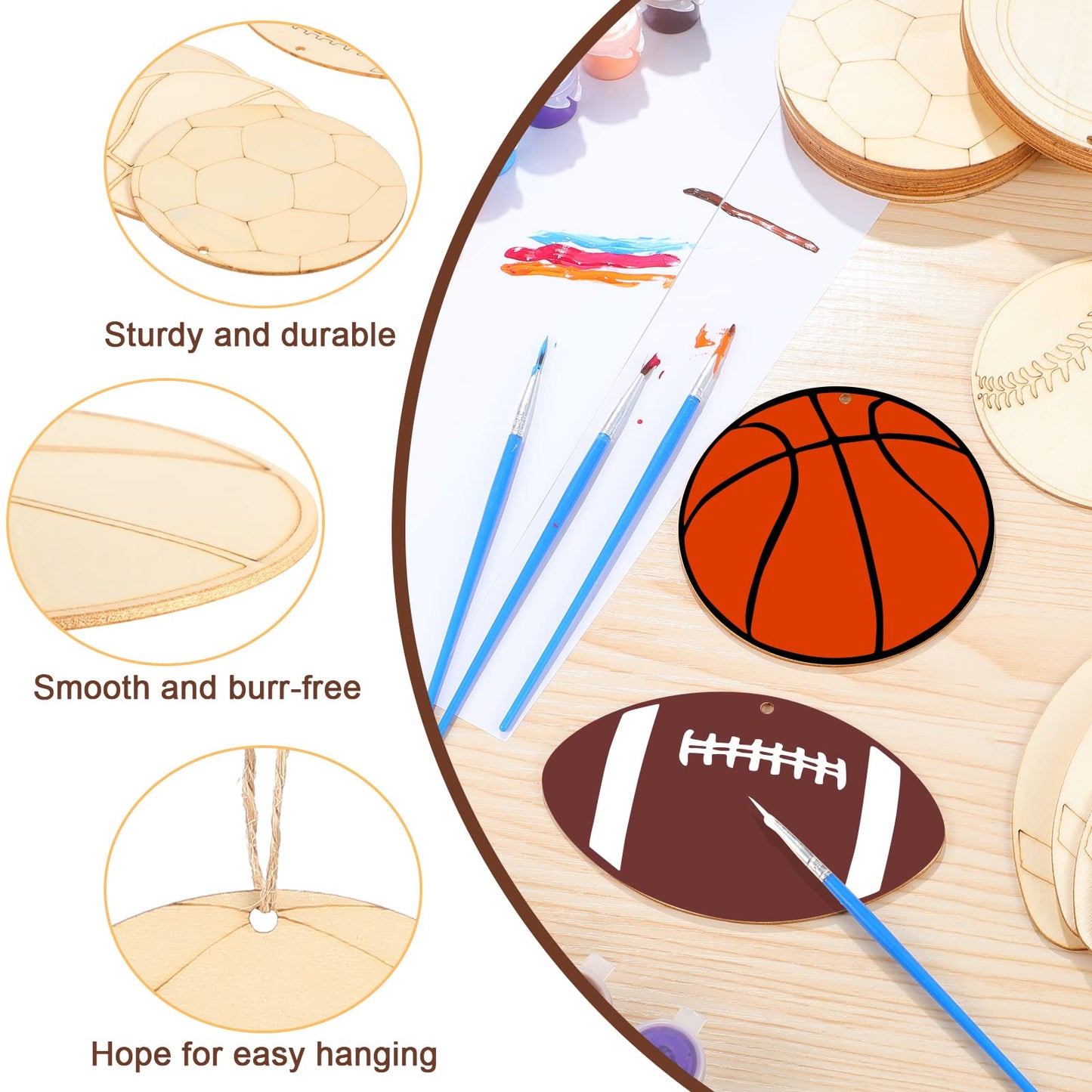 42 Pieces Sports Theme Unfinished Wood Cutouts Football Volleyball Baseball Basketball Soccer Tennis Shaped Wooden Slices with Twines Hanging Ornaments Sport Themed Party Home Decoration