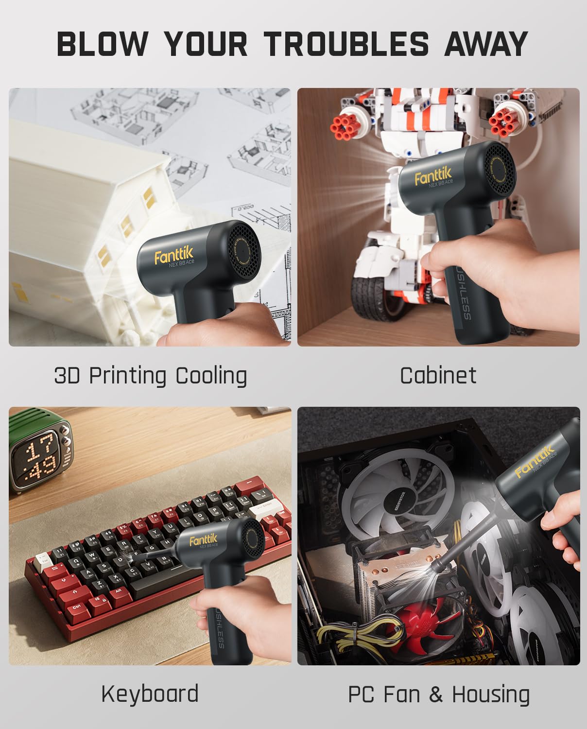 Fanttik B8 Ace Electric Air Duster - 110000RPM, 2600mAh Battery, Grey, LED Light for PC, Keyboard & Cabinet Cleaning