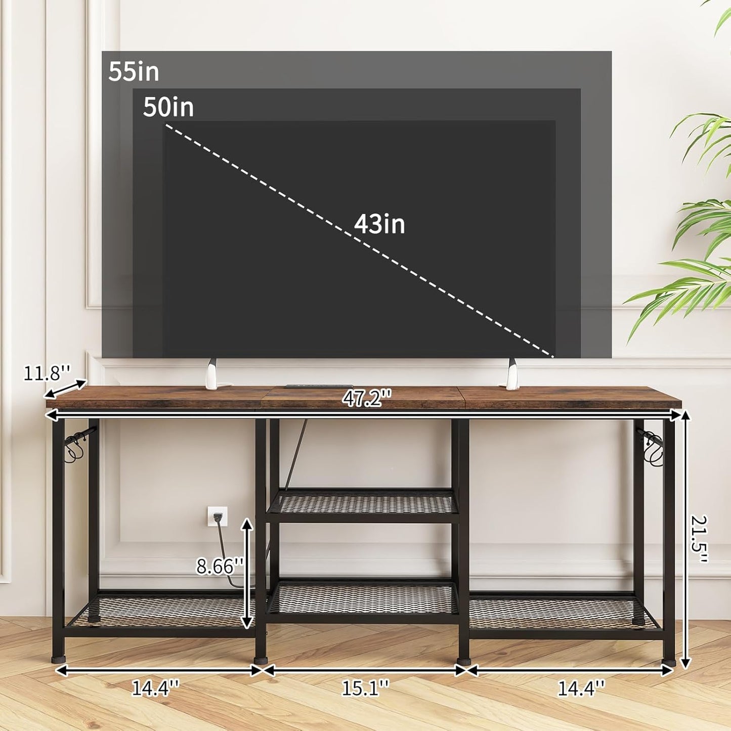 YGEOMER Entertainment Center for 55 inch TVs, TV Stand with Power Outlet and Open Storage Shelves, TV Media Console Table for Living Room and Bedroom, Rustic Brown
