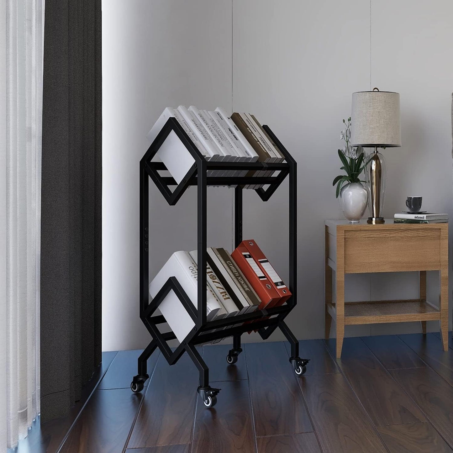 VEDECASA Bookshelf Book Rack Industrial Metal Bookcase 2 Tier Holder with Wheels Modern Stylish Design Magazines Files Album Recipe Book Storage Organizer for Sofa End Bed Beside