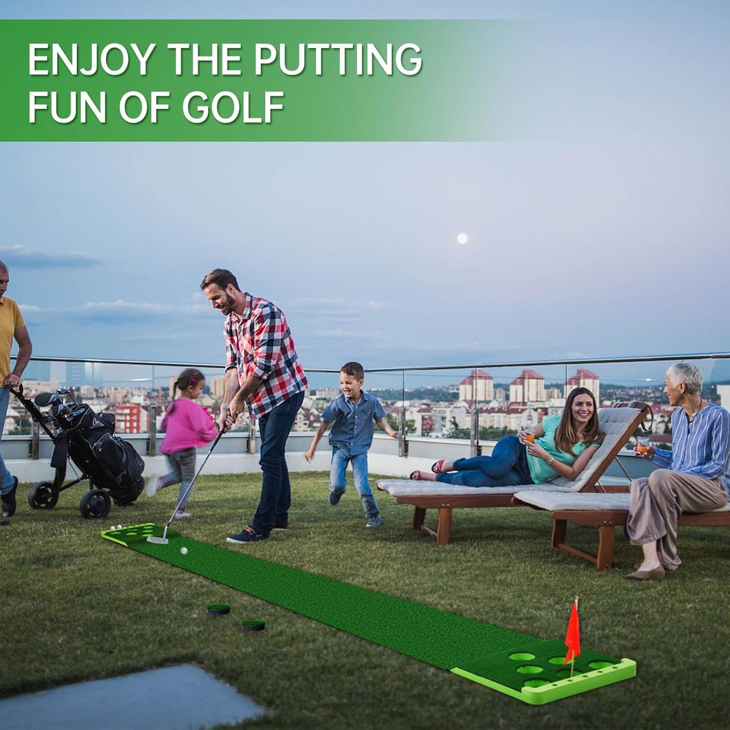 Golf Putting Game Set with Front Border for Indoor & Outdoor,Golf Putting Green Mat Include 4 Balls,1 Portable Bag,2 Flags&Cups,Practice Training Aid for Backyard,Party,Office