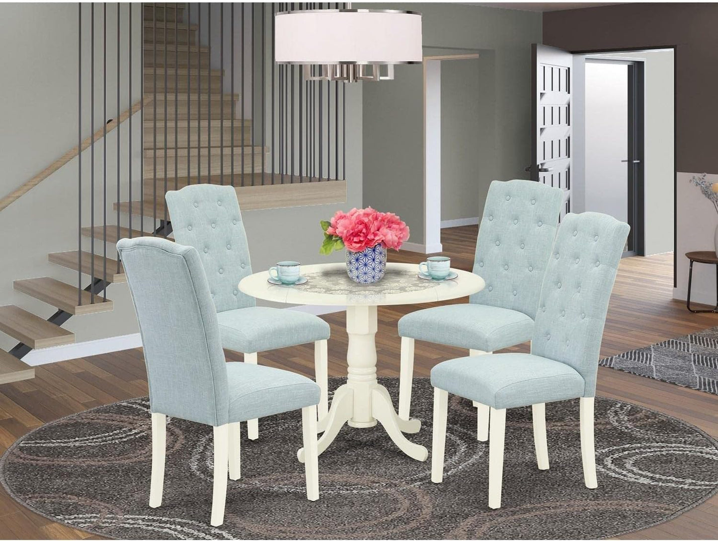 East West Furniture DLCE5-WHI-15 5 Piece Dining Set Includes a Round Dining Room Table with Dropleaf and 4 Baby Blue Linen Fabric Upholstered Chairs, 42x42 Inch, Linen White