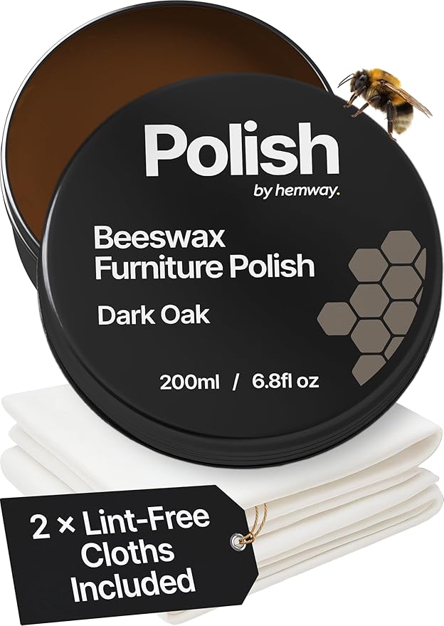Hemway Premium Dark Oak Beeswax Furniture Wax Polish 200ml / 6.8fl oz | & 2 Lint-Free Cloths | Natural Polish and Protect for Modern & Antique Wood and Chalk Furniture Paint