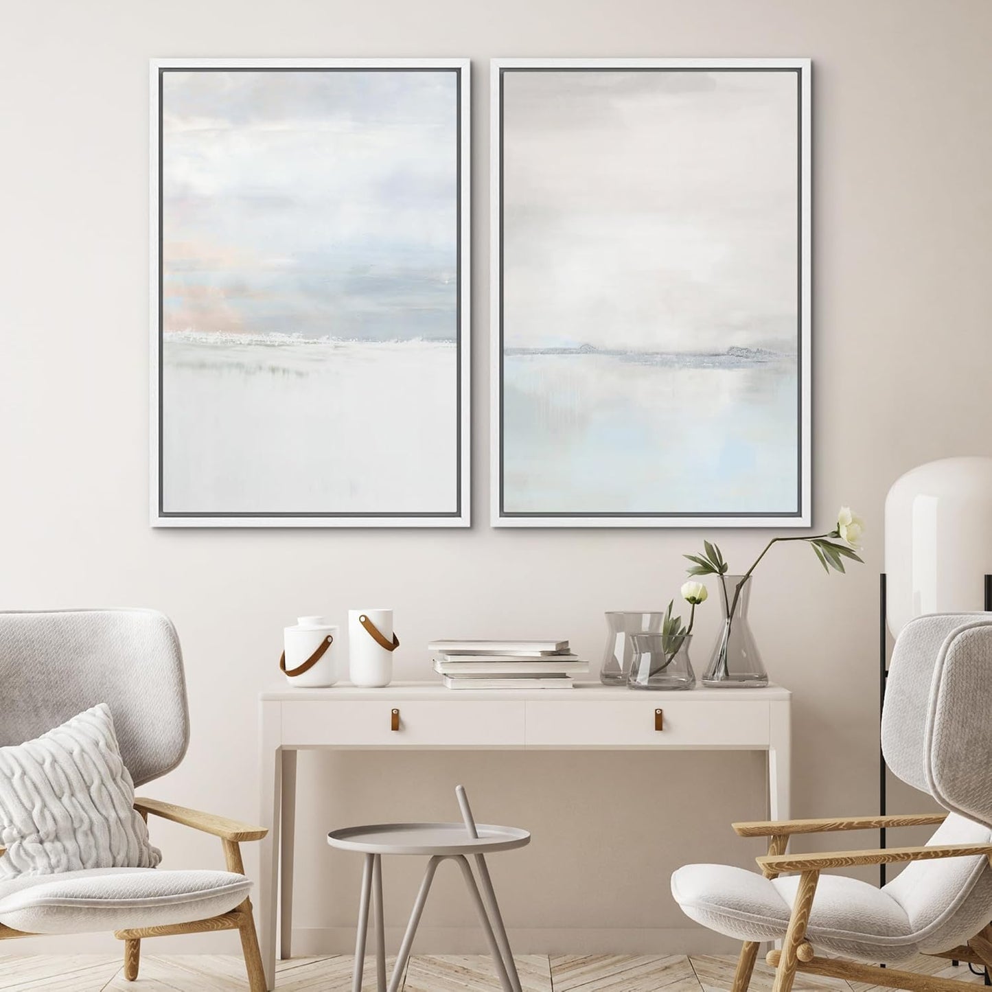 SIGNWIN Framed Canvas Print Wall Art Set Pastel Gray Watercolor Landscape Abstract Shapes Illustrations Minimal Decorative Boho Nordic Relax/Zen for Living Room, Bedroom, Office - 24"x36"x2 White