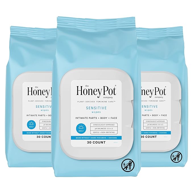 The Honey Pot Company - Feminine Wipes - Daily PH Balancing, Fragrance & Sulfate Free Wipes for Intimate Parts, Body, or Face - Hygiene Products - Sensitive 30 ct (Pack 3)