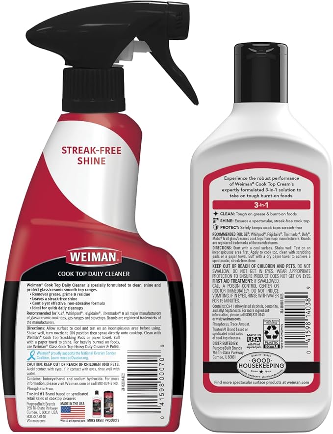 Weiman Ceramic and Glass Cooktop - 10 Ounce - Stove Top Daily Cleaner Kit - 12 Ounce - Glass Induction Cooktop Cleaning Bundle for Heavy Duty Mess Cleans Burnt-on Food