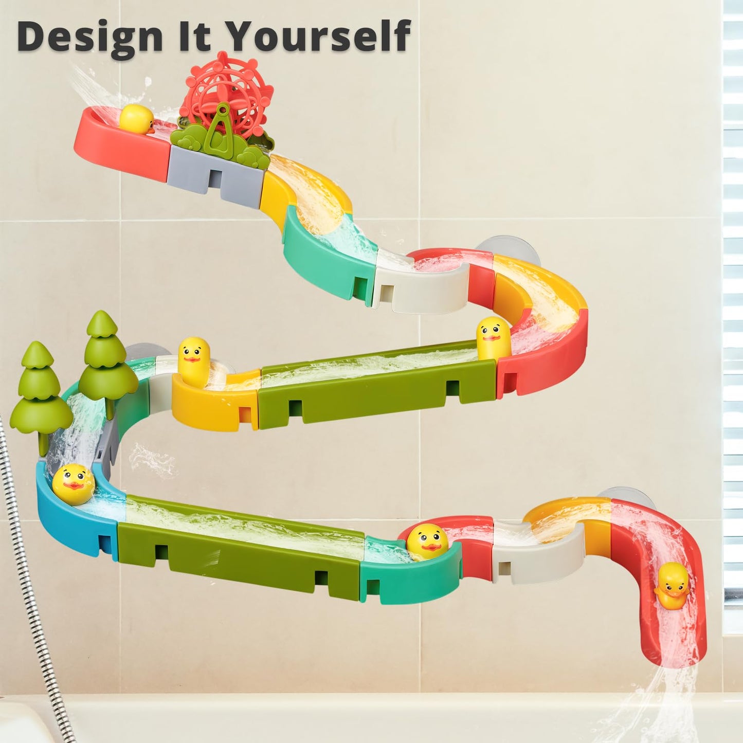 SOCBTNSO 38 PCS Duck Slide Toys, Bath Toys for Kids Ages 4-8, DIY Building Kit for Ages 5-7, Bathtub Time Birthday Gifts for Toddler 3 + Year Old