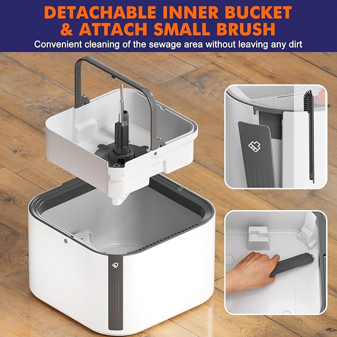 Upgraded Self-Standing Spin Mop and Bucket System, Detachable Inner Mop Bucket Separates Dirty Water & 90° Foldable Head, Triple-Scrub System, 0.9Gal Dual Drainage, for Hardwood Floors (White 6 Pads)