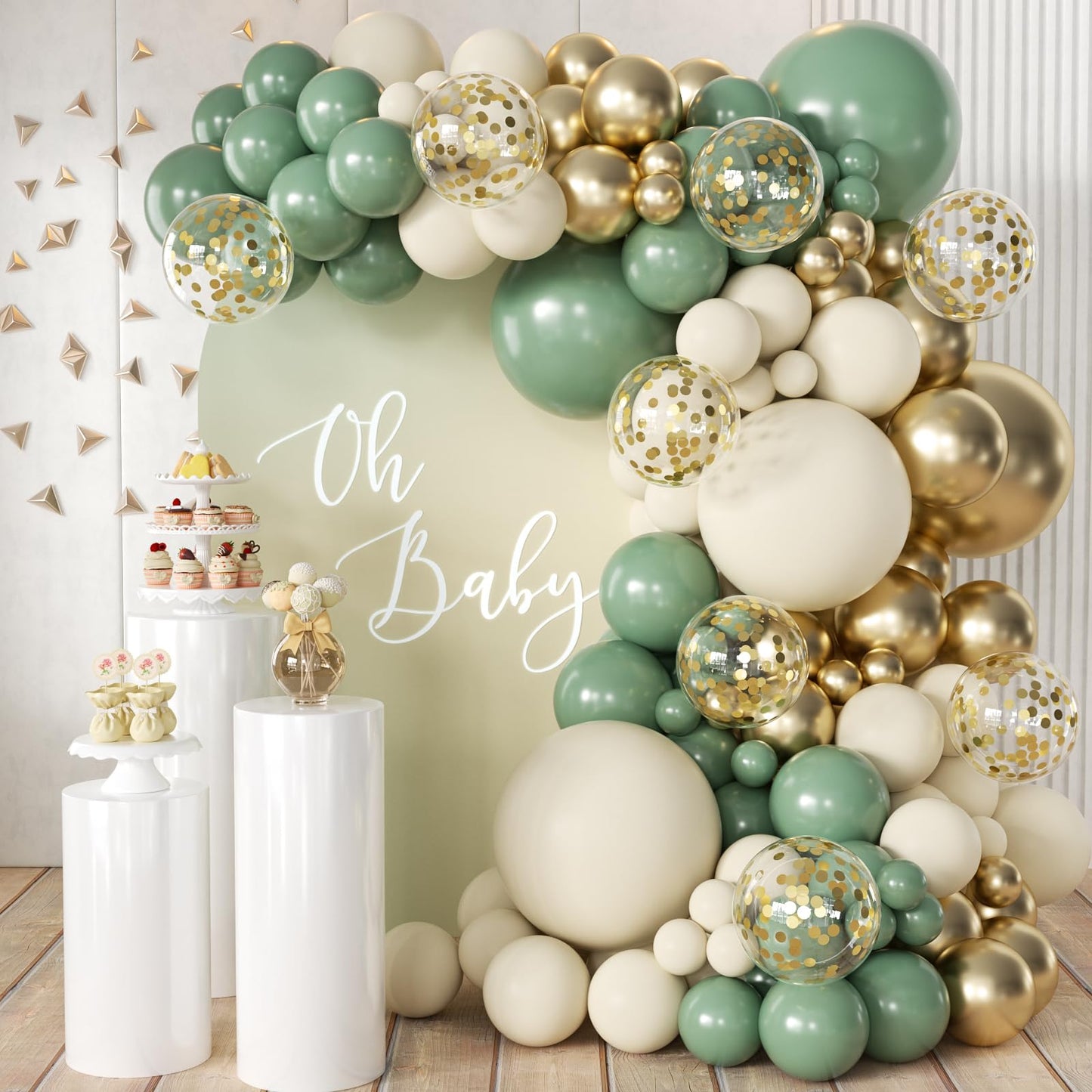 MEBAY Sage Green Balloon Arch Kit, 155Pcs Sage Green White Sand Metallic Gold Garland with Gold Confetti Balloons for Graduation Baby Shower Wedding Jungle Birthday Party Decorations