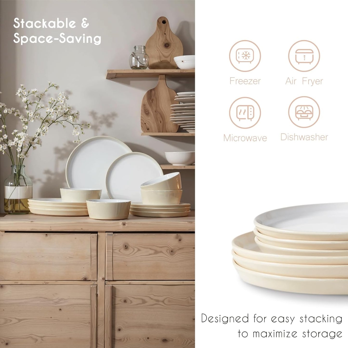 Stoneware Dinnerware Set for 4(12Pcs) – Microwave & Dishwasher Safe Plates and Bowls with Reactive Glaze – Rustic Farmhouse Modern Design for Everyday Dining, Wedding & Outdoor - Light Beige
