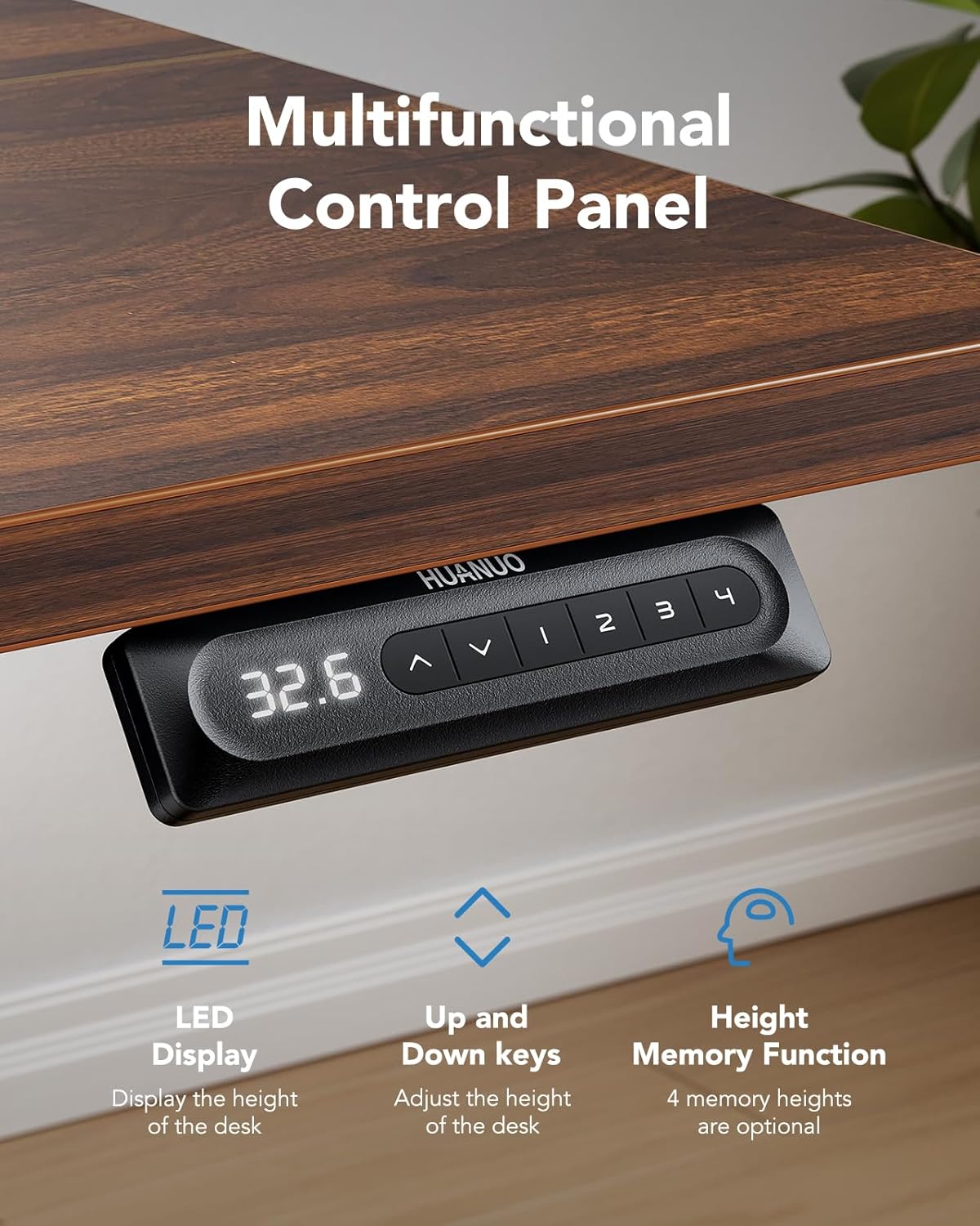 HUANUO 63" x 28" Electric Standing Desk Adjustable Height, 4 Memory Height Settings, Headphone Hook, Cable Manager, Sit Stand Up Desk for Home Office & Computer Workstation, Walnut