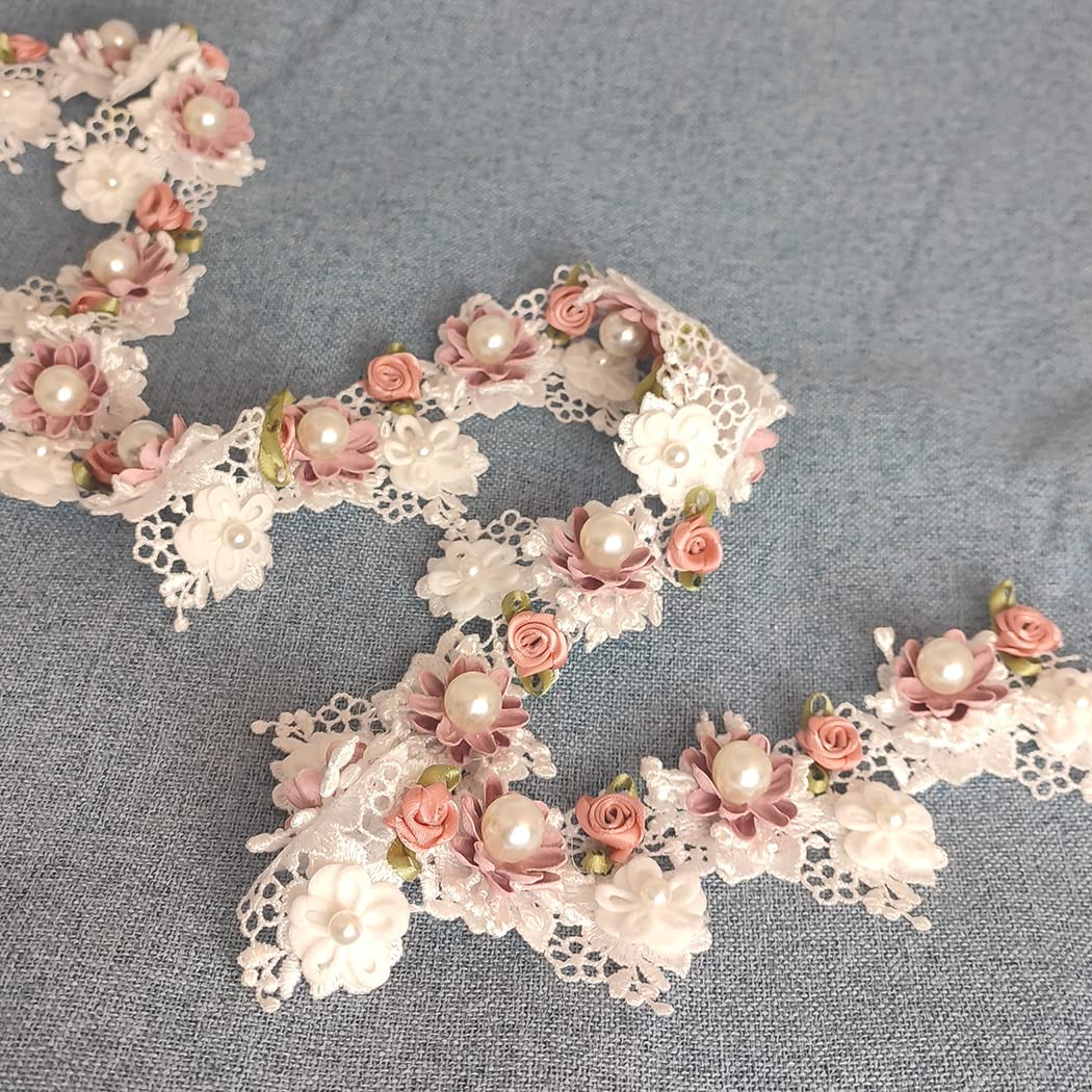 Kuasting 2 Yard Vintage Pearl Flower Ribbon Scallop Edge Trim Sewing Lace Trim Handmade DIY Sewing Supplies for Dress Embellishment (Pearl lace)