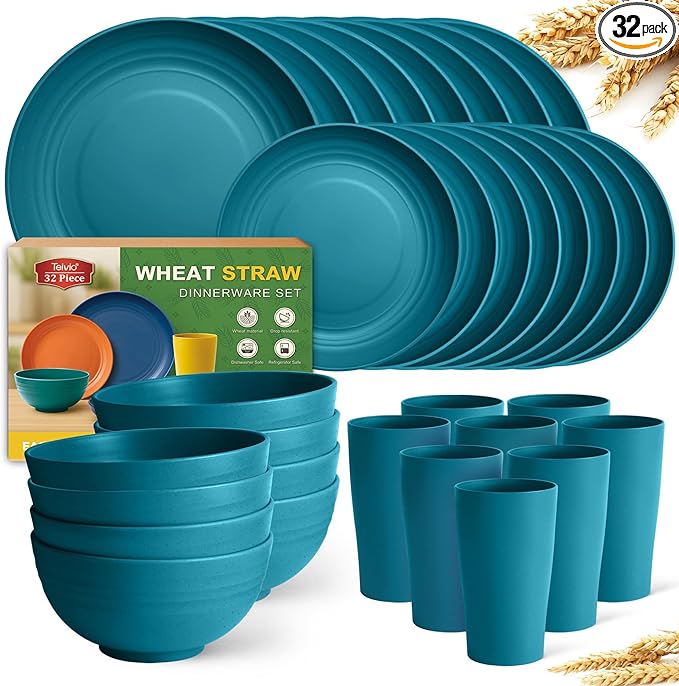 Teivio 32-Piece Kitchen Plastic Wheat Straw Dinnerware Set, Service for 8, Dinner Plates, Dessert Plate, Cereal Bowls, Cups, Unbreakable Colorful Plastic Outdoor Camping Dishes, Dark Blue