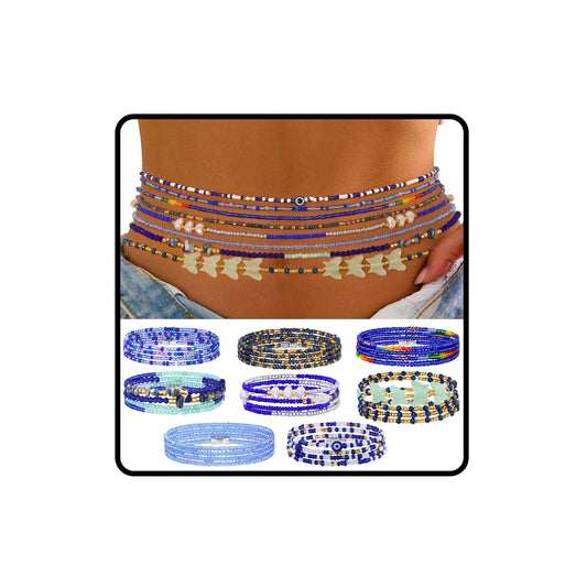 ELABEST Adjustable Handmade Waist Beads Stretchy 23-52 inch 8Pcs Chakra Body Belly Beaded Women Waist, Anklet, Bracelet, Necklace Jewelry with Screw clasp (Blue, 31.5inch/80cm)