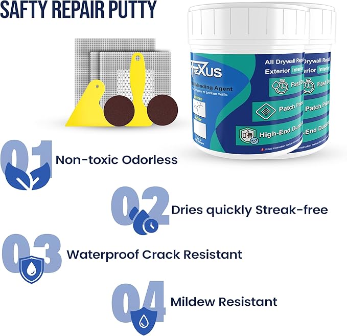 Drywall Repair Kit – 2×240g Putty Jars with 2×2″ & 4×4″ Wall Patch Mesh, Small & Large Scrapers & 2 x P180 Sandpapers | Quick-Dry Spackle & Sheetrock Crack Filler for Wall, Ceiling & Plaster Repair