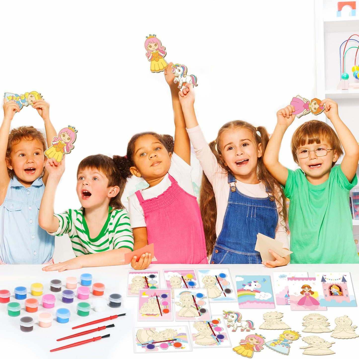24Pcs Princess Party Favors Birthday Supplies Decorations-Cards with Art Crafts Castle Fairies DIY Wooden Painting Craft Kits Thank You for Coming Gifts Bulk Goodie Bags Stuffers Prizes for Kids Girls