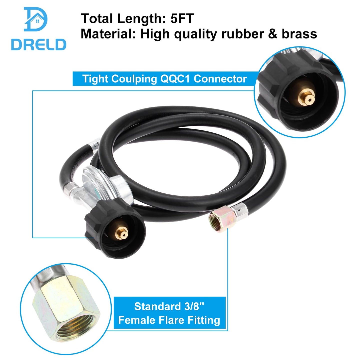 DRELD Propane Gas Fire Pit Fireplace Valve Control System Kit Assembly - Flame Failure Control Valve, Whistle Free Gas, LP Propane Hose with Regulator (Max 50,000 BTU)