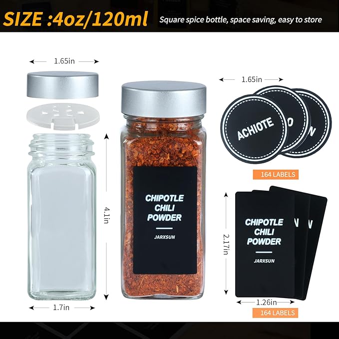 24 Glass Storage Jars- Spice Jars with Label-4oz Spice Containers with Shaker Lids and Silvery Lids,3 Sets of Spice Labels for Spice Rack