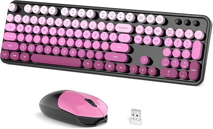 Wireless Keyboard Mouse Combo, Typewriter Full Size Keyboard with Number Pad and 2 in 1 USB Connected Mouse for Windows 7/8/10, Laptop, Desktop, PC, Computer (Black & Pink)