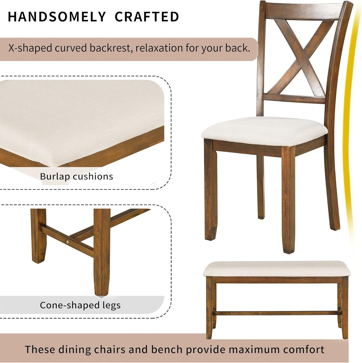 SogesPower 6-Piece Kitchen Dining Table Set for 4-6,Rectangular Dining Table with 4 Fabric Chairs & 1 Bench for Dining Room Living Room,Natural Cherry