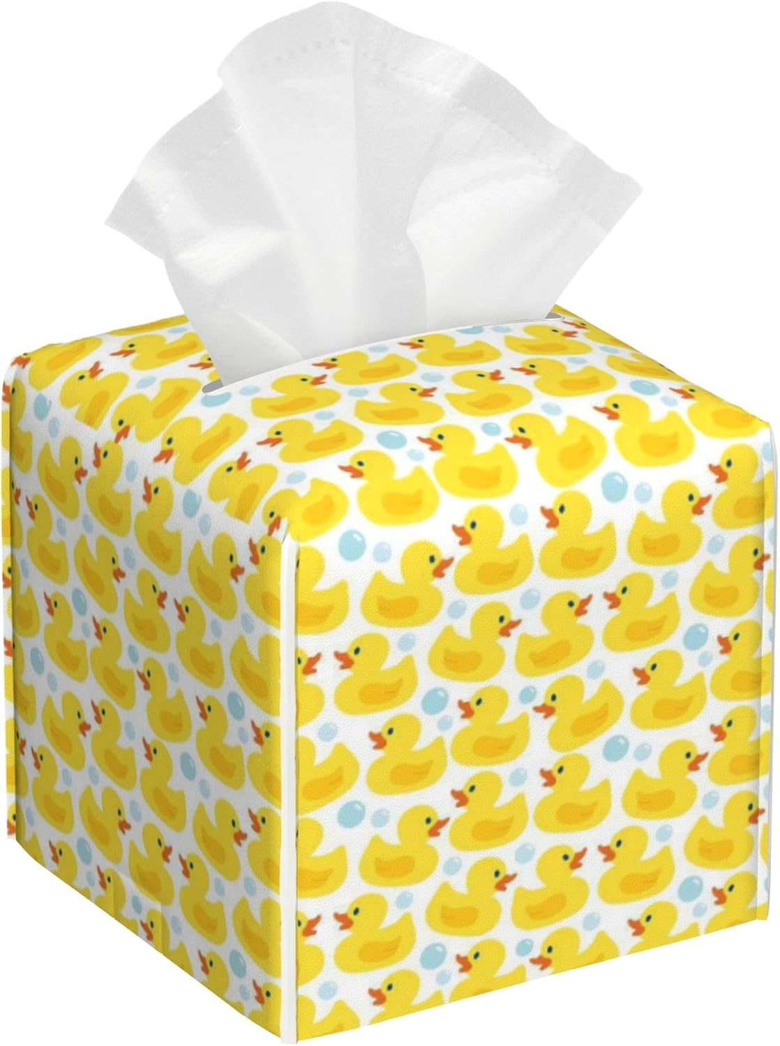 Cute Rubber Ducks Leather Tissue Holder,Soap Bubbles Square Tissue Box Cover with Bottom Belt,Modern Decorative Facial Tissue Paper Cover for Car Nightstand Vanity Desk Office,5.2" x 5.2" x 5.2"