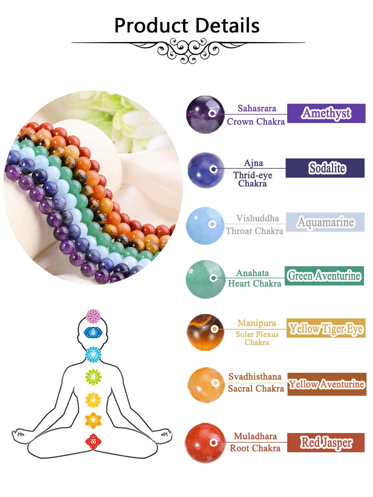 Jovivi 7 Chakras Natural Stone Beads Colorful 100pcs 8mm Mixed Energy Healing Crystals Polished Round Gemstone Beads,Genuine Real Stone Beads for Bracelet Necklace Jewelry Making