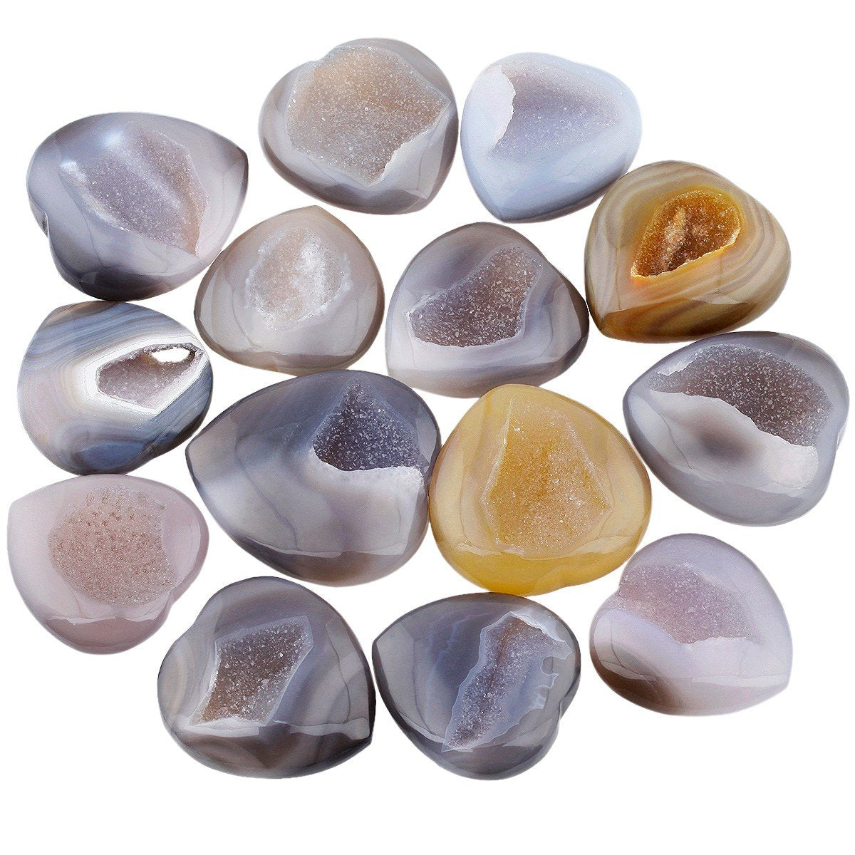 Rockcloud Healing Crystal Agate Druzy Geode Heart Love Carved Palm Worry Stone Chakra Reiki Balancing