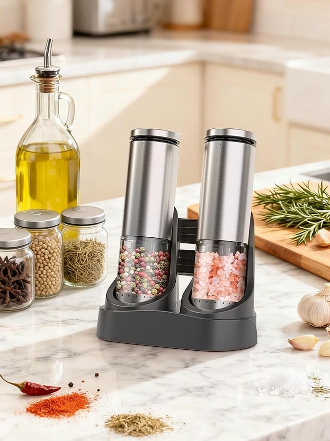 Electric Salt and Pepper Grinder Set with Charging Base: Rechargeable Automatic Salt and Pepper Grinder Set with External Adjustable Coarseness, Stainless Steel Electric Salt and Pepper Shakers,Sliver