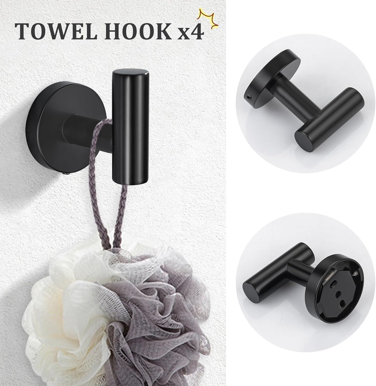 TURS Matte Black 10 Pieces Bathroom Hardware Set, SUS304 Stainless Steel 24 Inch Bath Towel Bar Set, Round Bathroom Accessories Kit Wall Mounted