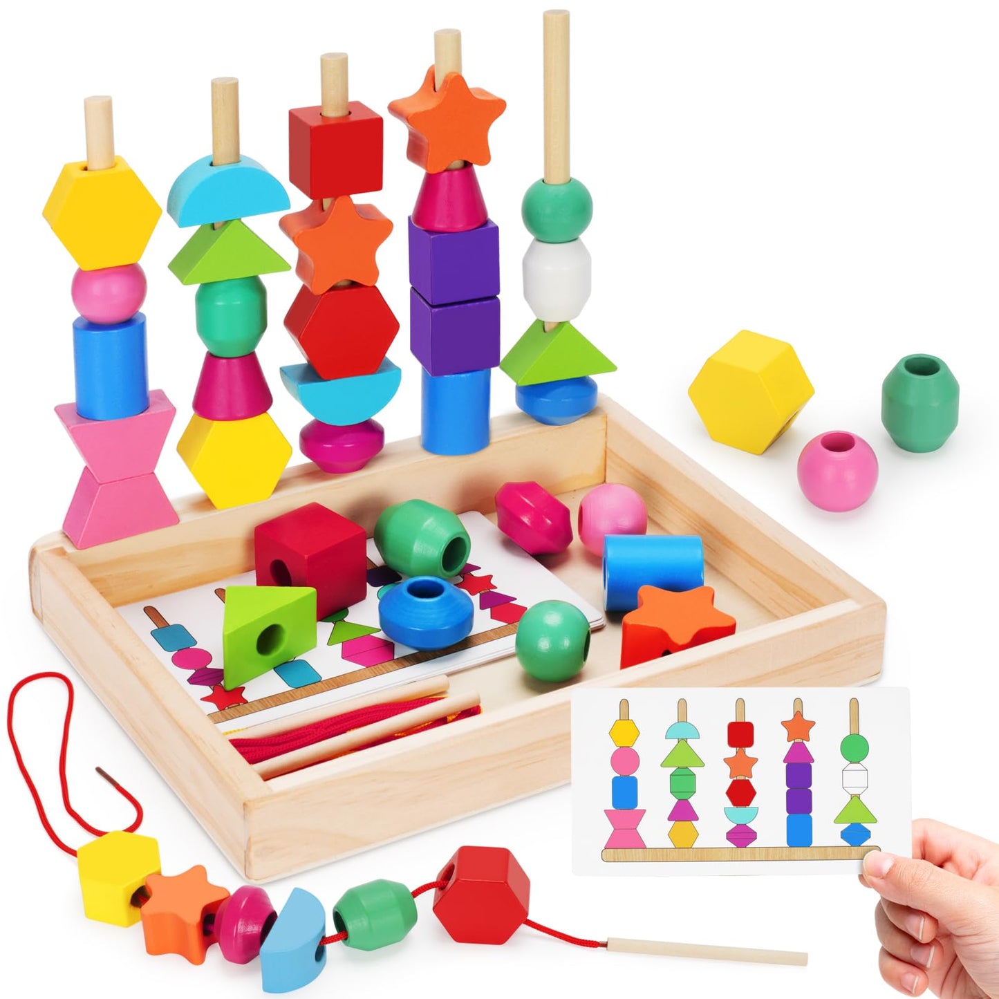 TooyBing Montessori Wooden Lacing Beads Toys for 3 4 Year Old Toddler Kids, Sequencing & Stacking Block Toy with Storage Box, STEM Preschool Learning Toys, Christmas Birthday Gifts for Boys Girls