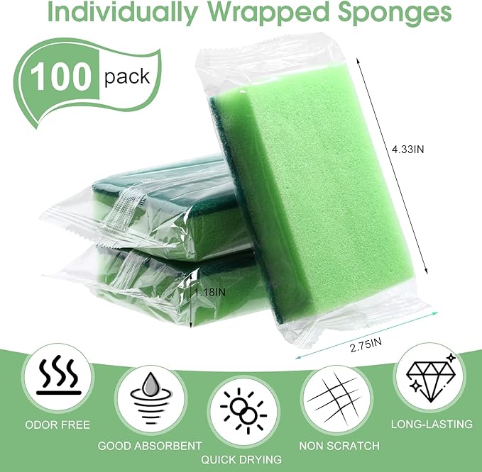 Tioncy 100 Pcs Individually Wrapped Sponges Kitchen Green Bulk Dish Non Scratch Scrub Sponges Dual Sided Cleaning Dish Scrubber for Washing Dishes, Pots, Pans, Sinks, Stoves, Appliances, Car, Bike