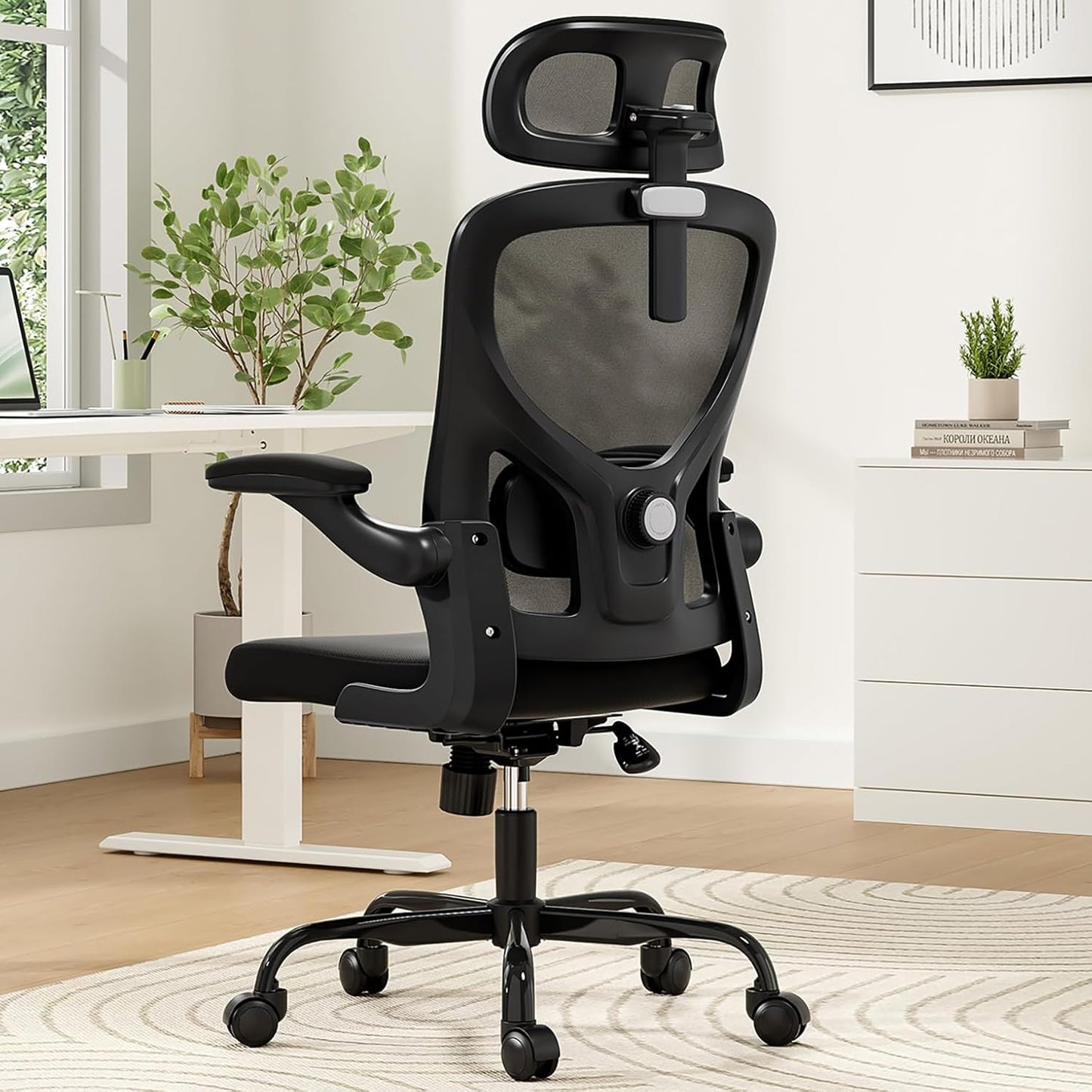 Ergonomic Office Chair, Comfy Home Office Chair High Back Computer Chair with Headrest, Adjustable Back Support, Flip-Up Arms, 90-120° Tilt and Wide Cushion, Up to 300lbs,Black