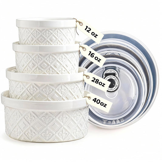 Large Mixing Bowls with Airtight Lids, Classic White Porcelain Embossed Nesting Salad Bowls for Baking and Cooking, 12/16/28/40oz Serving Bowls Set of 4, Oven and Dishwasher Safe, Thanksgiving Gift