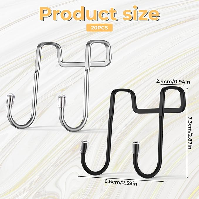 20 PCS Over Cabinet Hooks Double S Shaped Cabinet Drawer Hanger Stainless Steel Metal Heavy Duty Hooks for Kitchen Bathroom Closet Drawer Wardrobe Doors Bags Towels Key