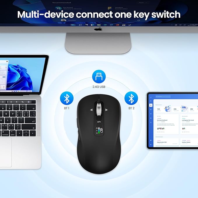 Full-Size Silent Wireless Mouse, 2 Bluetooth + 1 USB Multi-Mode, 4-Way Scrolling, Adjustable DPI, Side Buttons, Long Battery Life, Compatible with Laptop/Tablet/MacBook/iPad