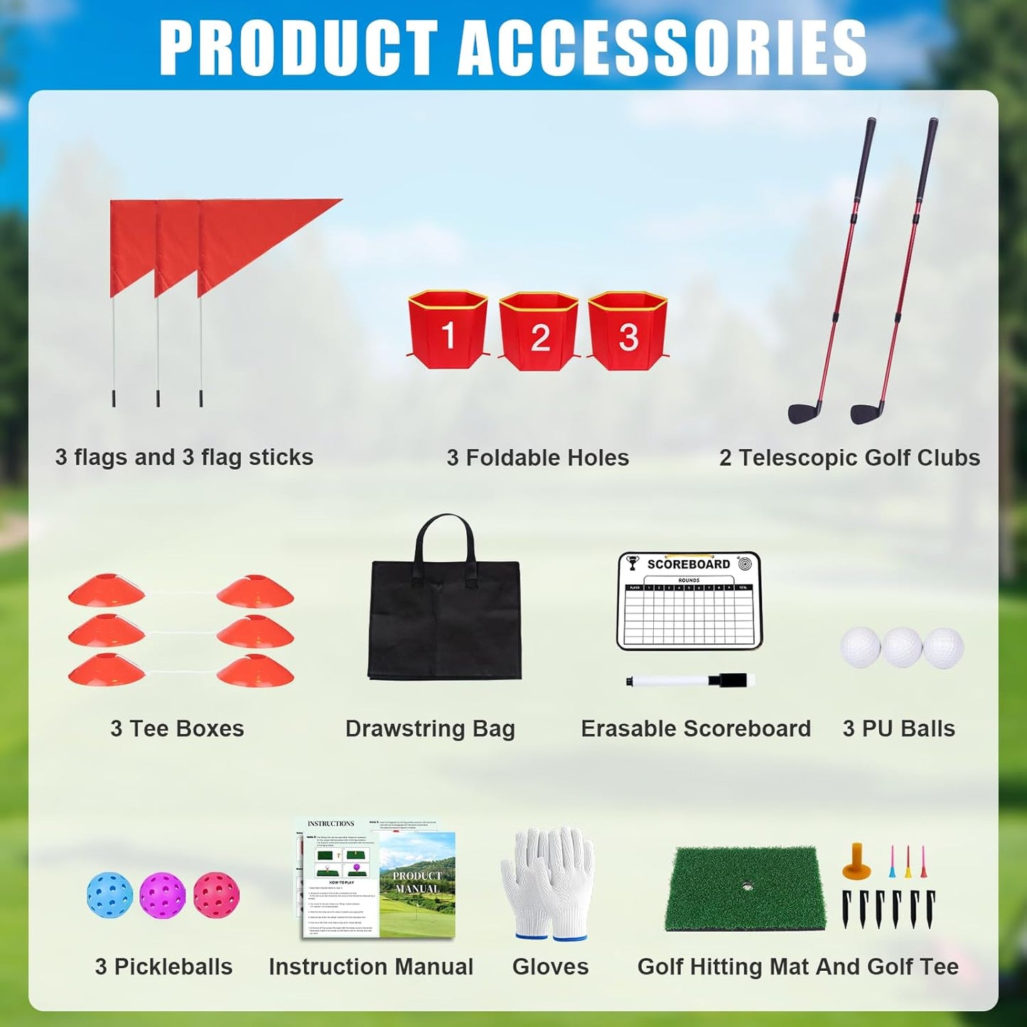 Backyard Golf Game,3pcs Golf Yard Game,with 2 Adjustable Clubs,Suitable for Lawns,Outdoors,Parks and Beaches