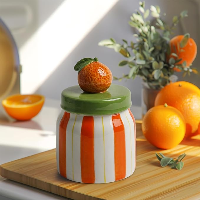 Cookie Jars with Lid Airtight, Hand Painted Orange Ceramic Food Storage Containers with Lids for Home Decor and Kitchen Countertops, For Coffee, Spices, Sugar, Tea, Salt, Honey, Candy, Nut